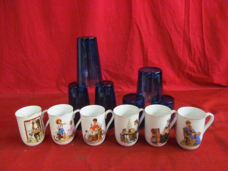 lot 245 image: Norman Rockwell coffee cups, blue glasses