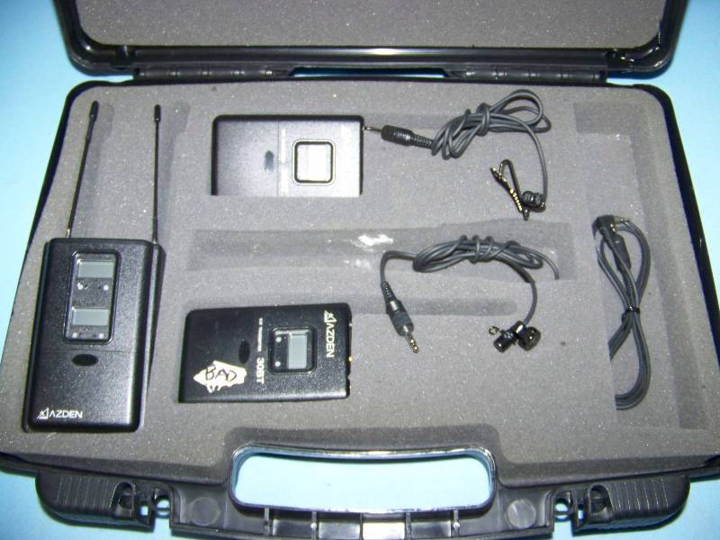 lot 78 image: (2) AZDEN, UHF Transmitters, (1) AZDEN Dual UHF Receiver, (2) Lapel Microphones  Mic in Carrying Case