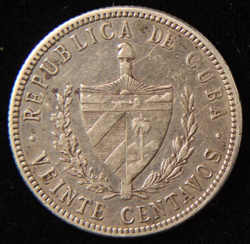 1920 REPUBLIC OF CUBA 20 CENTAVOS (90% SILVER - 5 GRAMS)