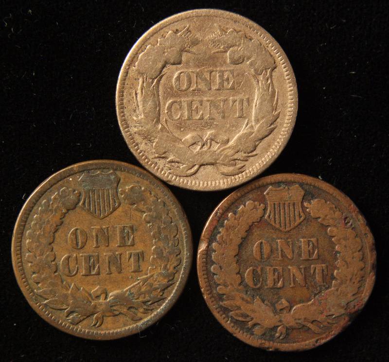 3 SMALL CENTS - 1857 FLYING EAGLE, 1887 (FINE) & 1909 INDIAN HEADS