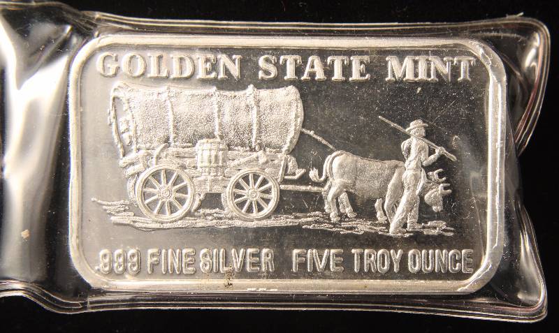 5 TROY Oz. .999 FINE SILVER BAR VINTAGE GOLDEN STATE MINT COVERED