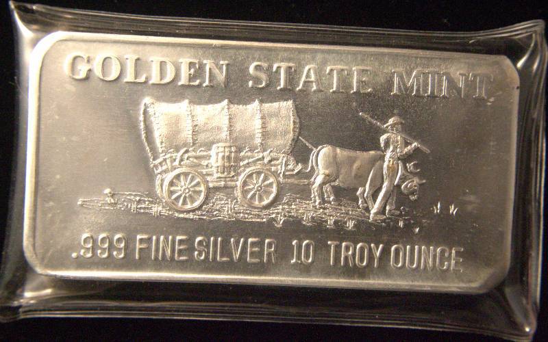 10 TROY Oz. .999 FINE SILVER BAR COVERED WAGON GOLDEN STATE MINT SEALED