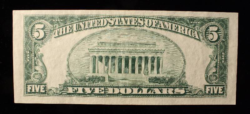 1953-A BLUE SEAL US $5 SILVER CERTIFICATE FEDERAL RESERVE NOTE UNC