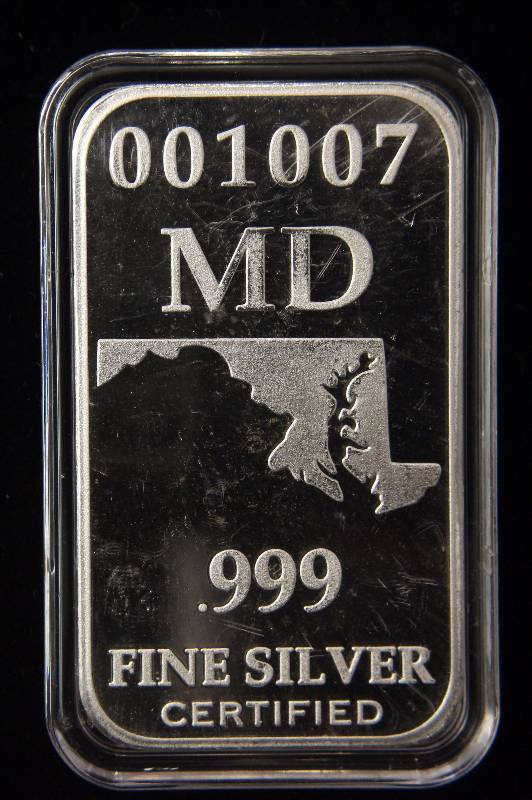 1 TROY OZ. .999 FINE SILVER BAR US STATE SILVER MD ENCASED