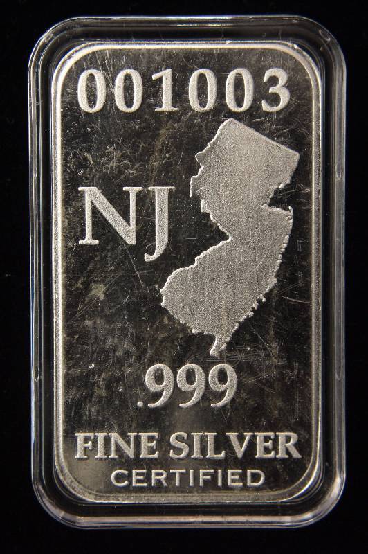 1 TROY OZ. .999 FINE SILVER BAR US STATE SILVER NJ ENCASED