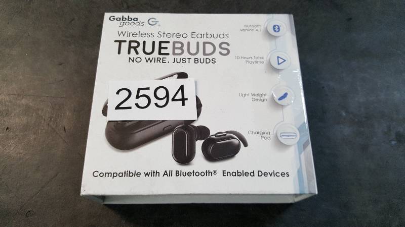 lot 2594 image: GabbaGoods Bluetooth 4.2 CSR Wireless Rechargeable Earbuds