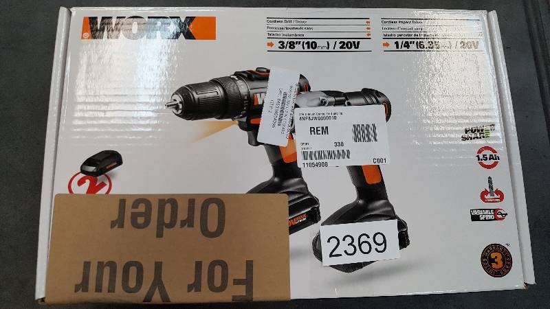 lot 2369 image: Worx 20V Lithium Cordless Combo Drill and Impact Driver Kit