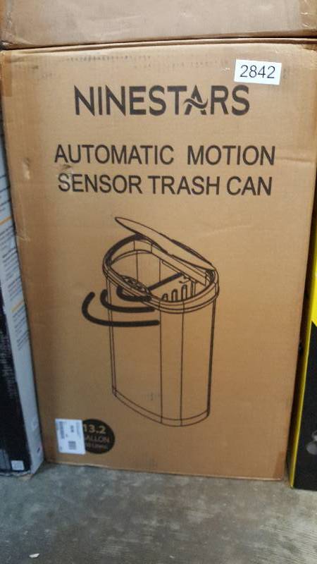 lot 2842 image: Nine Stars 13.2-Gallon Stainless Steel Motion-Sensing Trash Can