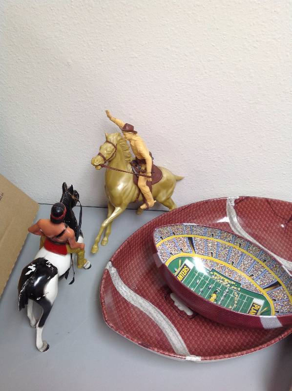 Two Football Serving Trays, Plastic army toy, Cowboy and Indian toys
