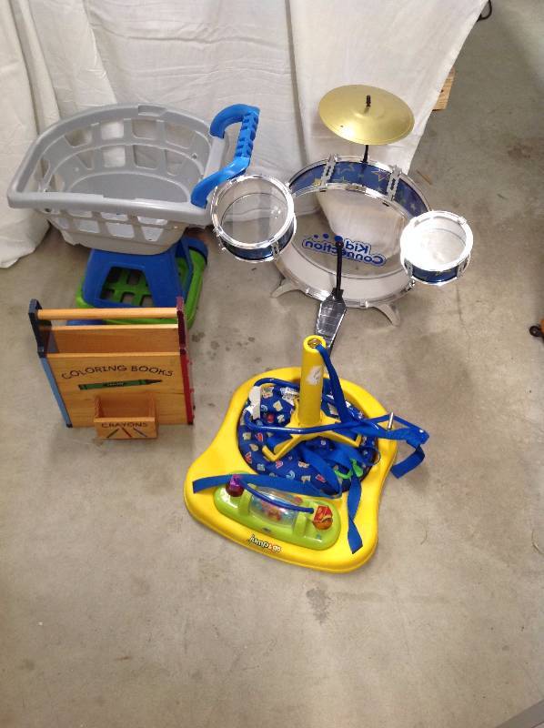 Jump and Go, Childs Shopping Cart, Wooden coloring book & crayon holder and Drum set