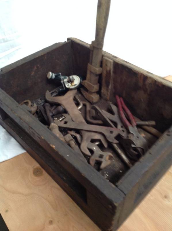 lot 44 image: Wooden Box with Antique Tools