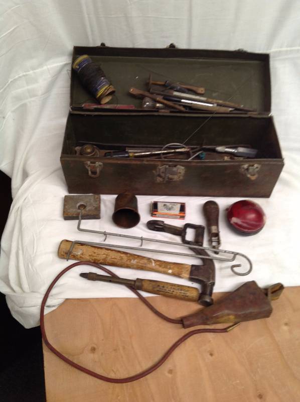 lot 58 image: Metal Tool Box With Vintage Tools