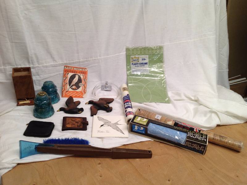 lot 62 image: Wooden Match Dispenser, Insolator, Wallets, Ice Scraper, Shelve liners.
