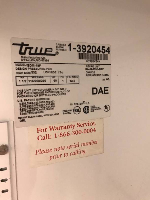 True, Mod #GDM-49F, two glass door commercial freezer, NSF, 208 volts Purple- Runs Freezes