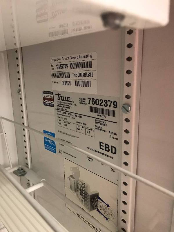 True, Mod #GDM-41SL-60, commercial two glass sliding door refrigerator, NSF, SN 7206687, 115 volts, 3.0 amps, 47x21x60H,