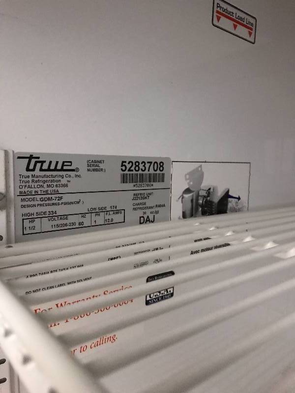 True, Mod #GDM-49F, two glass door commercial freezer, NSF, 208 volts Runs