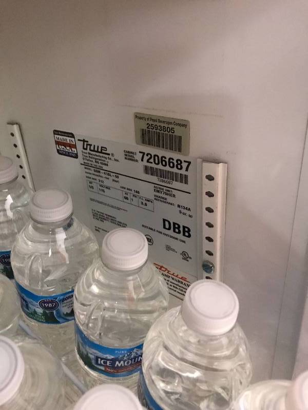 True, Mod #GDM-41SL-54-LD, two glass sliding door commercial refrigerator, NSF, LED lighting, 115 volts, 3.3 amps, 47x21x52H