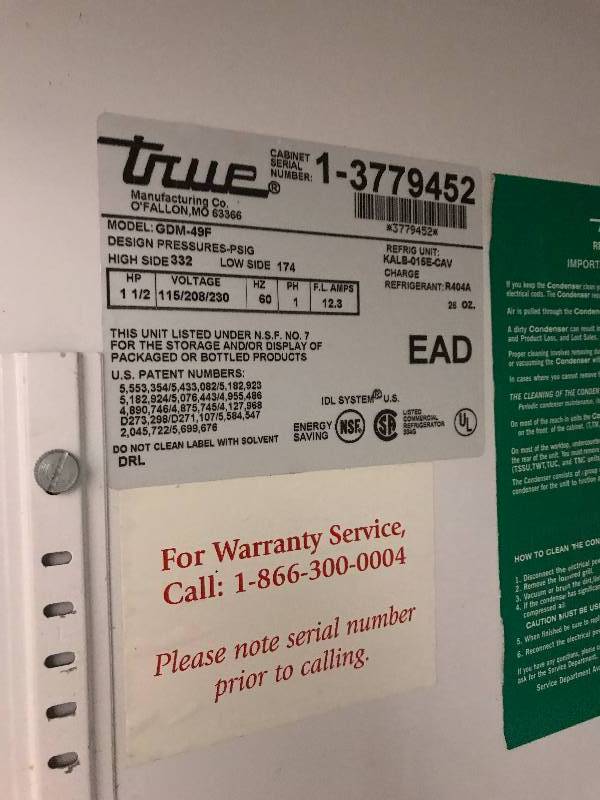True, Mod #GDM-49F, two glass door commercial freezer, NSF, 208230 volts, 12.3 amps, 1 ph, SN 3779452,