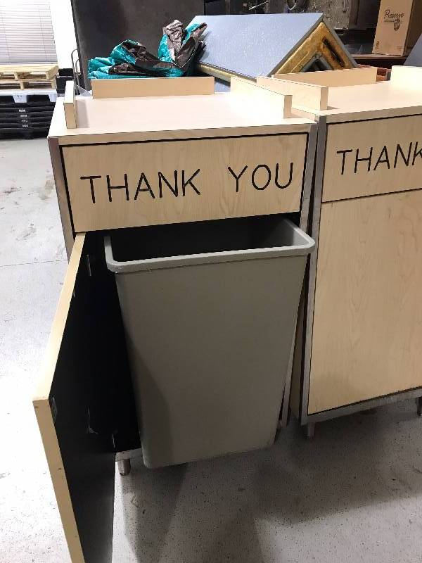 Laminate trash receptacle winner basket, 24x24x45H.