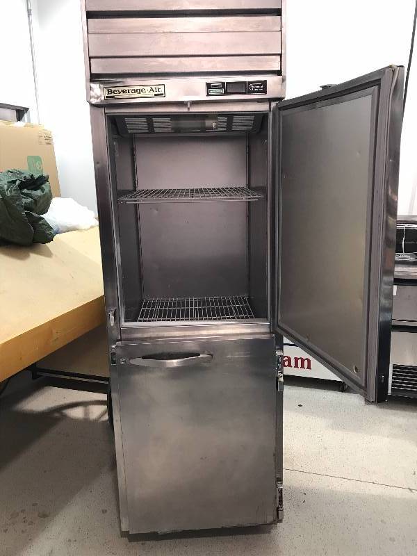 Beverage-Air, Mod #PR24-1AHS, split door commercial refrigerator, NSF, 115 volts, 5.5 amps, caster mounted, 26x32x82.5H, SN 4525155.