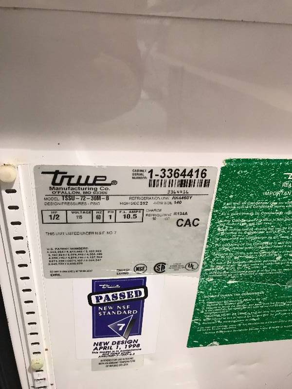 True, Mod #TSSU-72M-B, salad top refrigerated prep table, 115 volts, 10.5 amps, NSF-7, caster mounted, complete wpans & rails, 72x34x36H, SN 1-3364416.