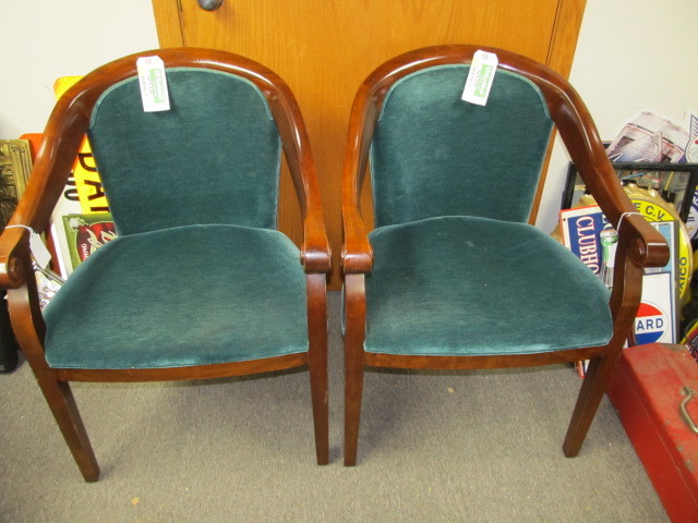 lot 30 image: Matching Pair of Vintage Upholstered Scrolled Armchairs