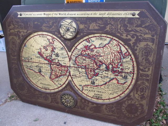 lot 93 image: LARGE Mid Century Brass & Wood World Map Wall Hanging