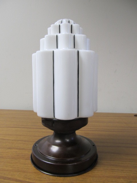 lot 102 image: Orig Vintage Deco Milk Glass Skyscraper Light Fixture