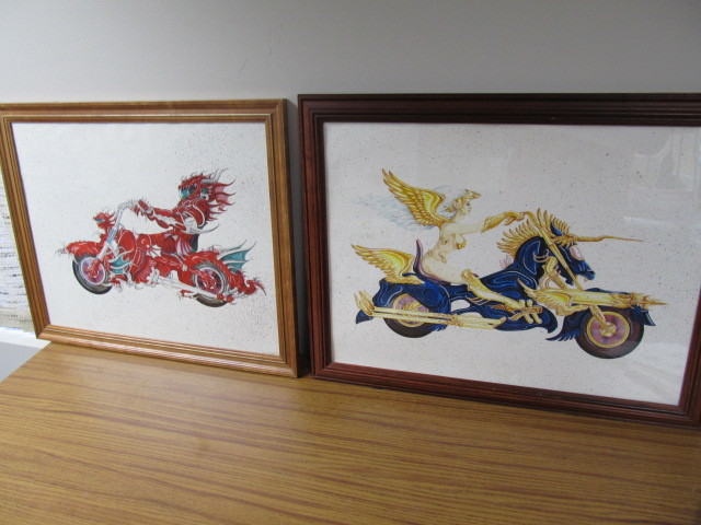 lot 107 image: 2 Framed SCI-FI Style Motorcycle Prints