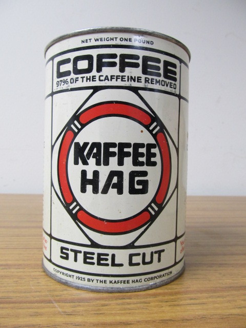 lot 135 image: Orig Vintage 1920s  Kaffee Hag 1lb Coffee Can wLid