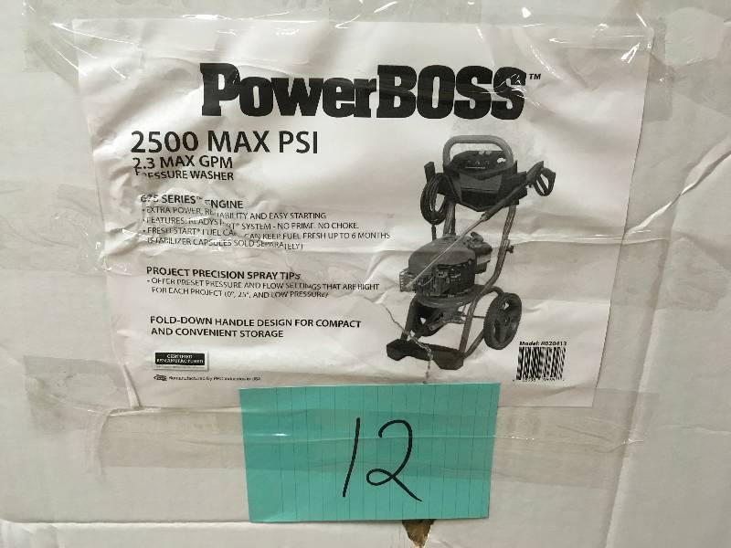 lot 12 image: Power Boss 2500 MAX PSI, 2.3 MAX GPM Pressure Washer. Open Box
