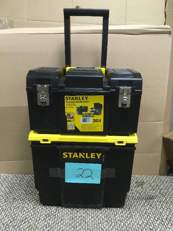lot 22 image: Stanley 11 in. 3-in-1 Detachable Tool Box Mobile Work Center.