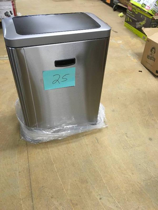 lot 25 image: Eko Sensible Eco Living Stainless Steel 471 12.4 Gallon Motion Sensor Trash Can. Not used Open Box