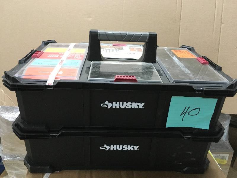 lot 40 image: Husky 20 in. 12-Compartment Stackable Nail Caddy Black Small Parts Organizer. New Open Box
