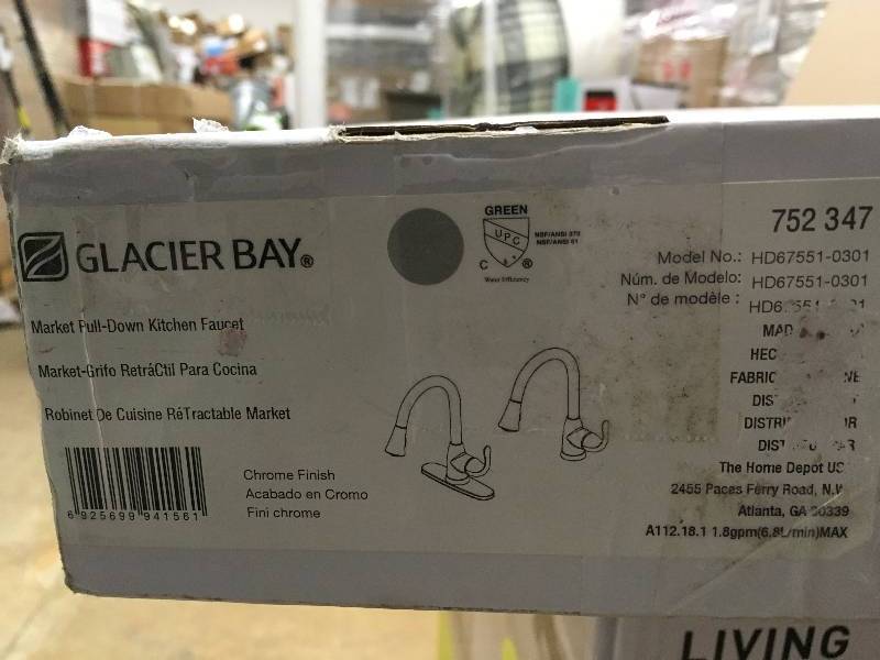 lot 42 image: Glacier Bay Market Single-Handle Pull-Down Sprayer Kitchen Faucet in Polished Chrome.  Open Box