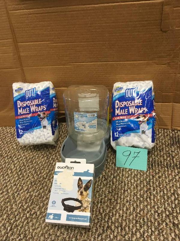 lot 97 image: Disposable Male Dog Wraps, Deluxe Waterer, Anti-Bark Collar,