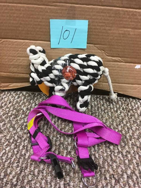 lot 101 image: Outback Jack Wooley Cotton Rope Dog Toy & Dog Harness, New Open Box