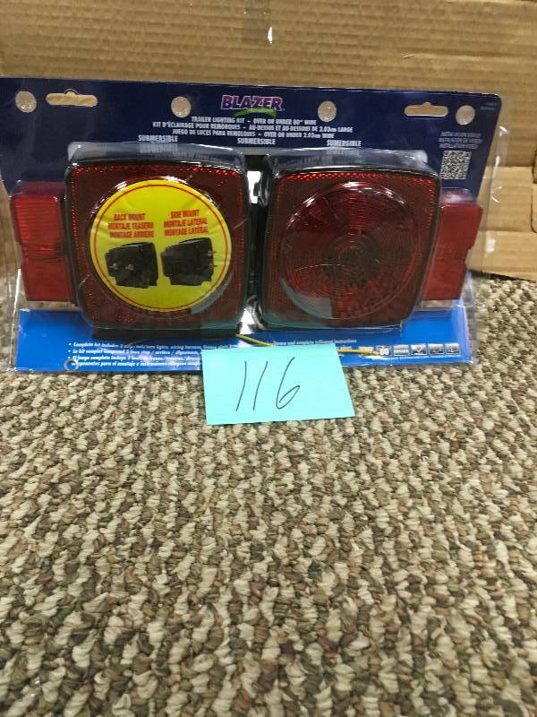 lot 116 image: Blazer C6424 Submersible Trailer Light Kit for Trailers Over Under 80 Wide-1 pr. Not used  Open Box