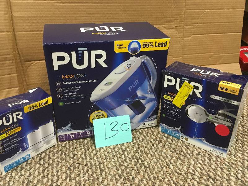 lot 130 image: PUR RF-3375 Faucet Mount Replacement Filter, PUR Advanced Faucet Filtration System, PUR Ultimate 11 Cup Pitcher with Lead Removal. New Open Box