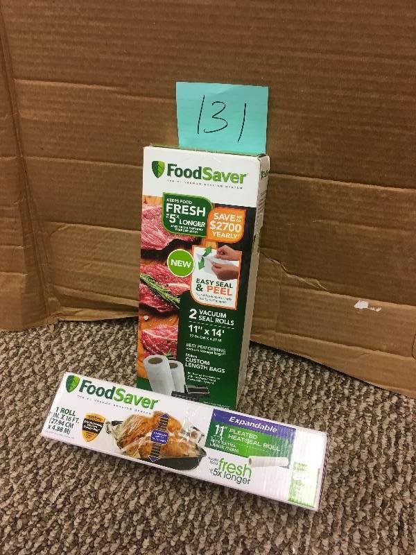 lot 131 image: FoodSaver 11 in x 16 ft Expandable Heat-Seal Roll, FoodSaver Easy-Open 11 Bags. New Open Box