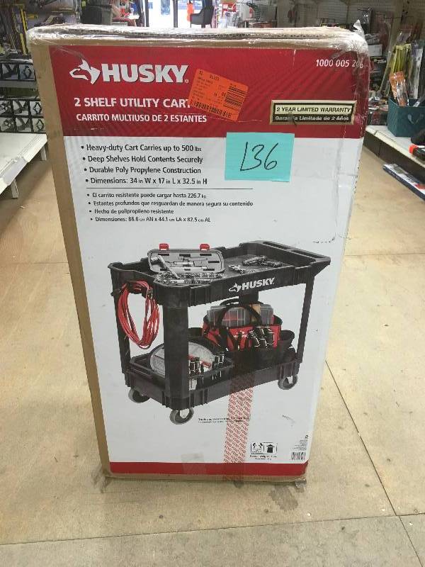 lot 136 image: Husky 2 Shelf Utility Cart. New Open Box