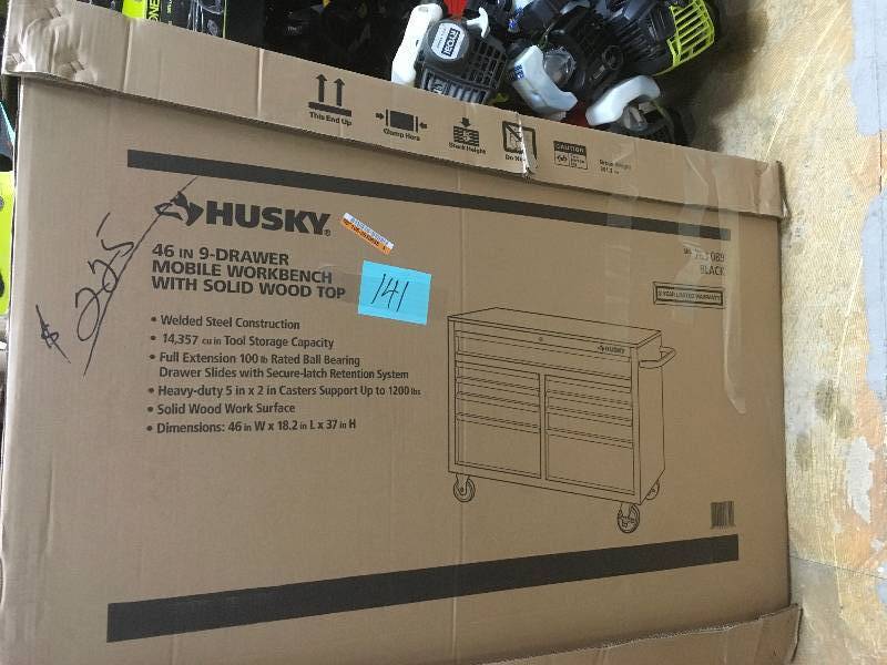 lot 141 image: Husky 46 in. 9-Drower Mobile Workbench with Solid Wood Top. New Open Box