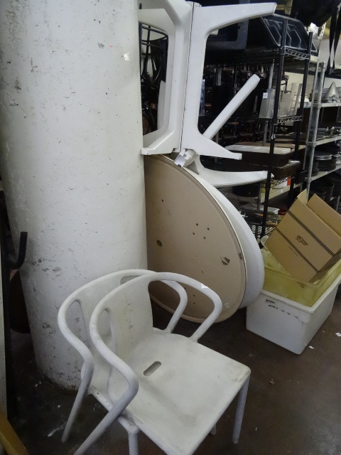 lot 178 image: 2 Outdoor Stacking Chairs, 2 Patio Tables