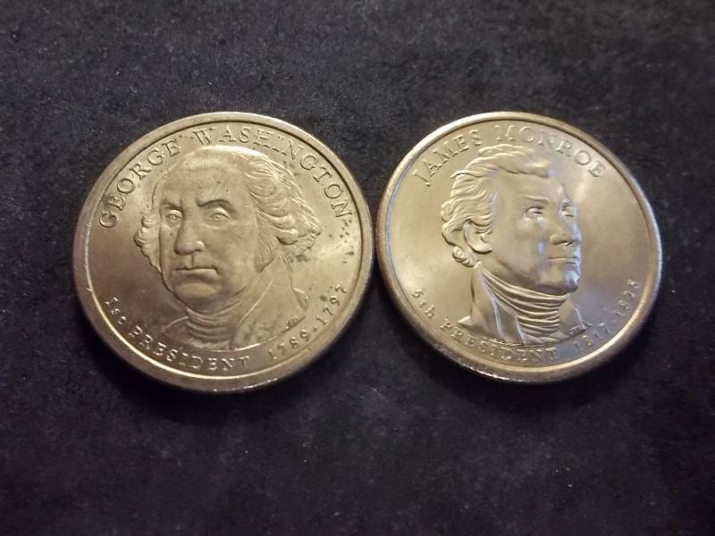 George Washington, James Monroe Golden Presidential Dollars Unc