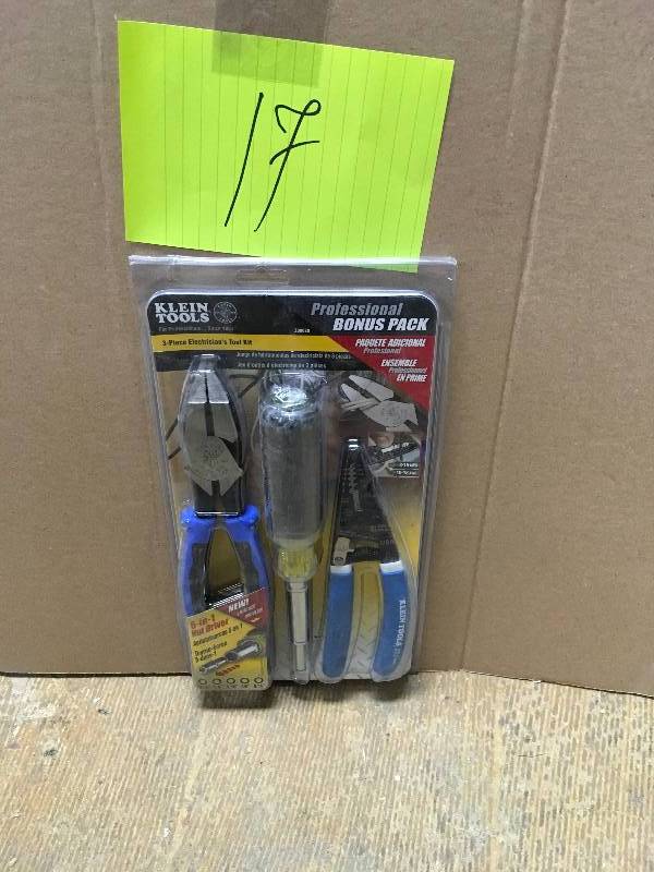 lot 17 image: Klien Tools 3-Piece Electricians Tool Kit. Open Box