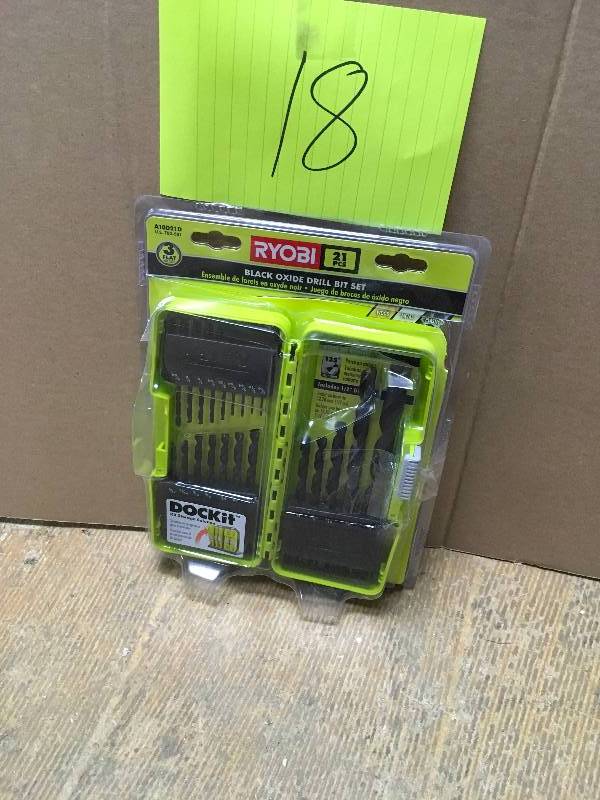lot 18 image: Ryobi Black Oxide Drill Bit Set (21-Piece). Open Box
