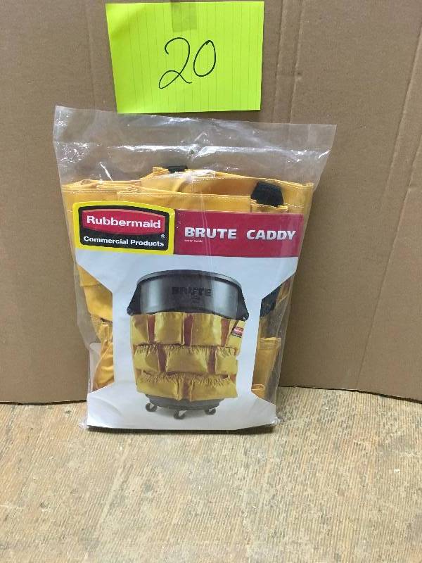 lot 20 image: Rubbermaid 1913171 Caddy Bag for Brute Container, Yellow. Open Box