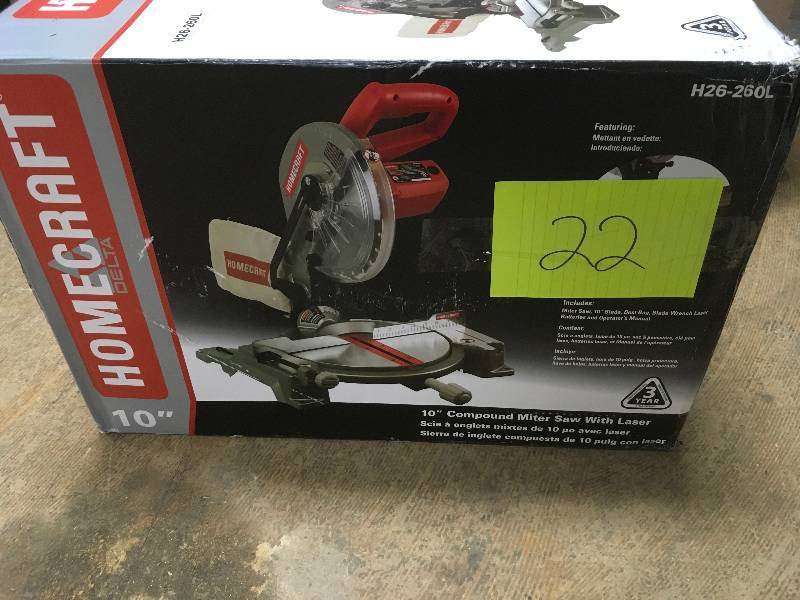 lot 22 image: HomeCraft 14 Amp 10 in. Compound Miter Saw with Laser. Open Box