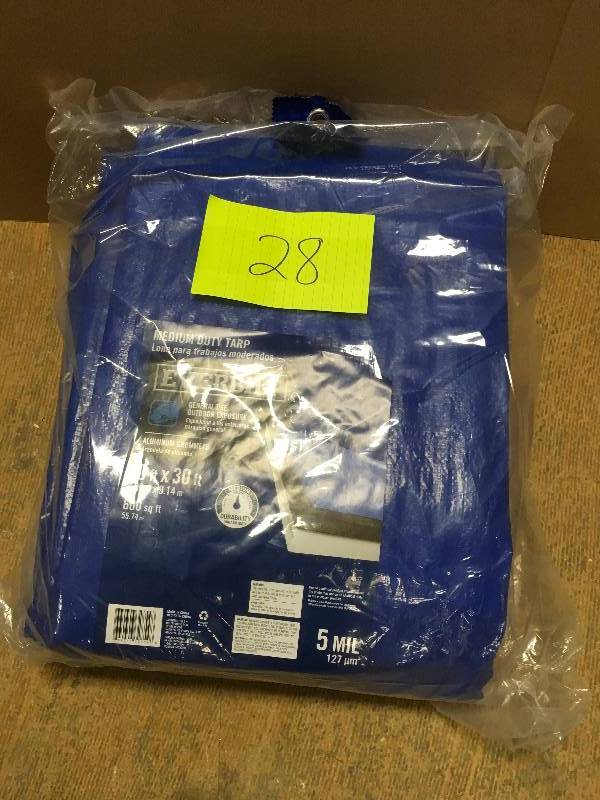 lot 28 image: Everbilt 20 ft. x 30 ft. Blue Medium Duty Tarp. Open Box