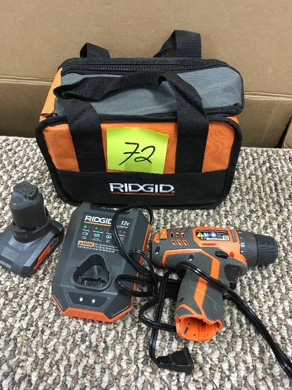 lot 72 image: Ridgid   12-Volt Lithium-Ion 38 in. Cordless 2-Speed Drill Kit - Open Box